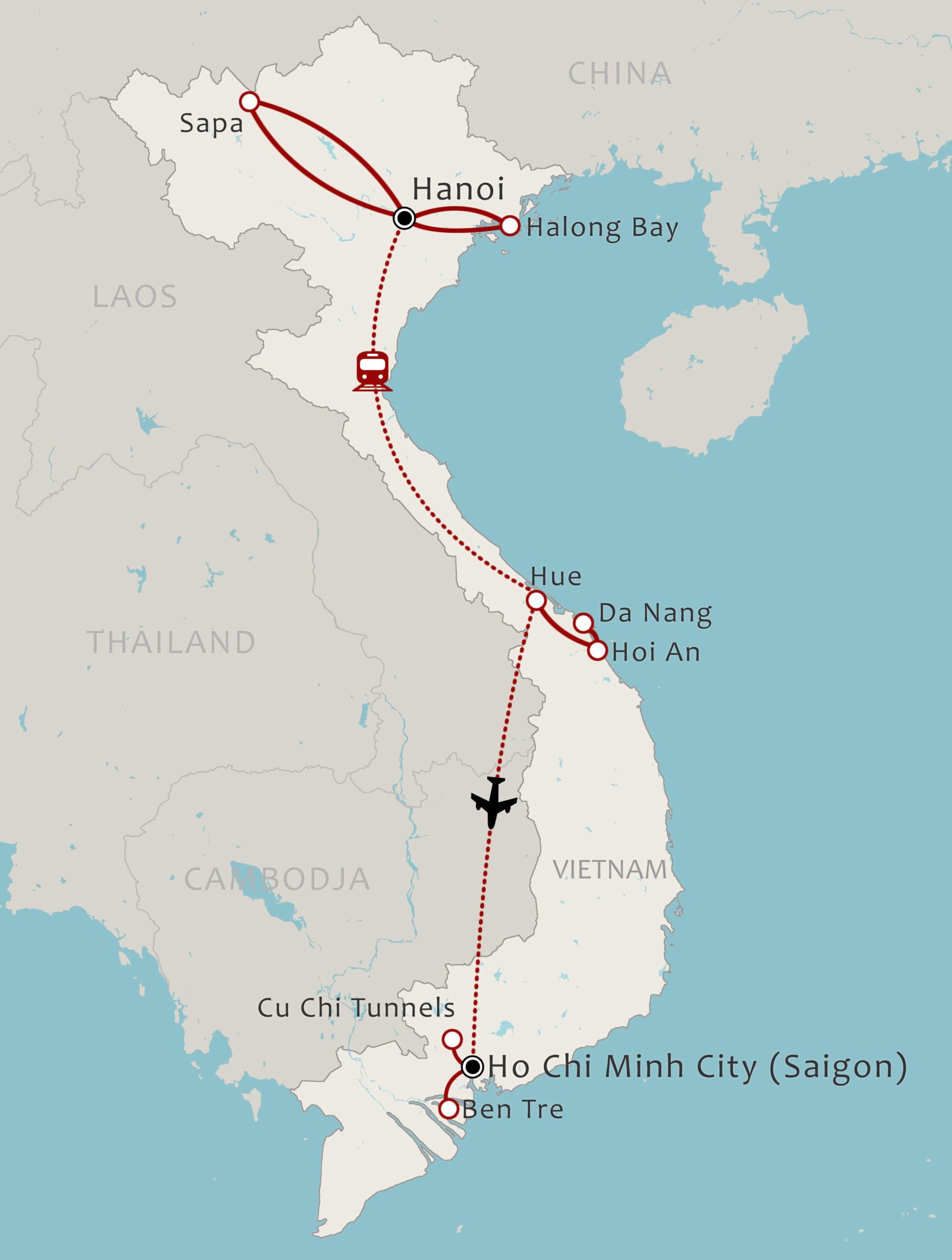 Routekaart 15-daagse rondreis dwars door Vietnam via Sapa