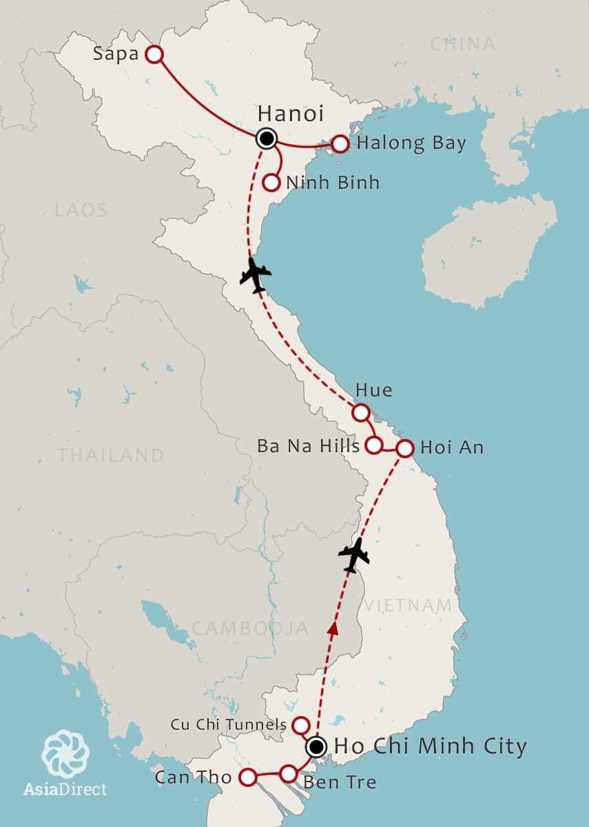 Routekaart 18-daagse rondreis Highlights van Vietnam