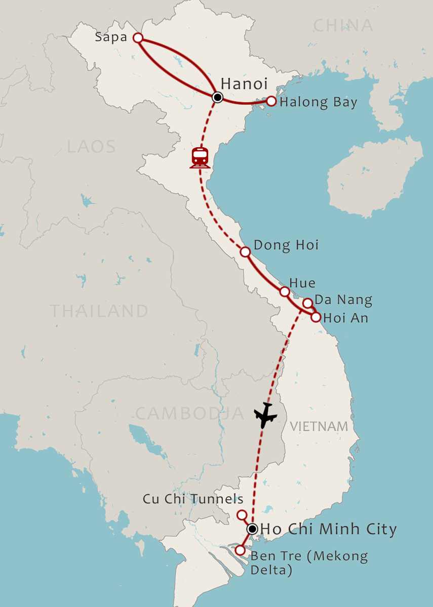 Routekaart 19-daagse familiereis Vietnam van Noord naar Zuid