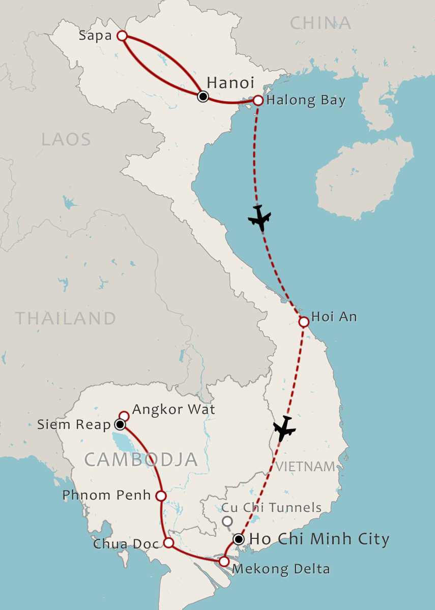 Routekaart 20-daagse Rondreis het beste van Vietnam en Cambodja