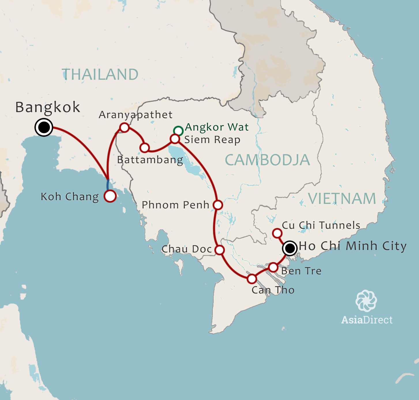 Routekaart 20-daagse combinatiereis Vietnam Cambodja en Thailand