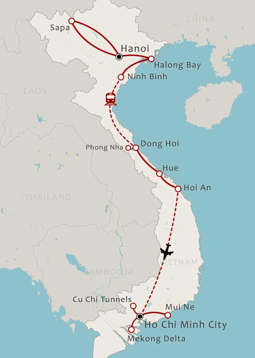 Routekaart 20-daagse rondreis Vietnam Compleet