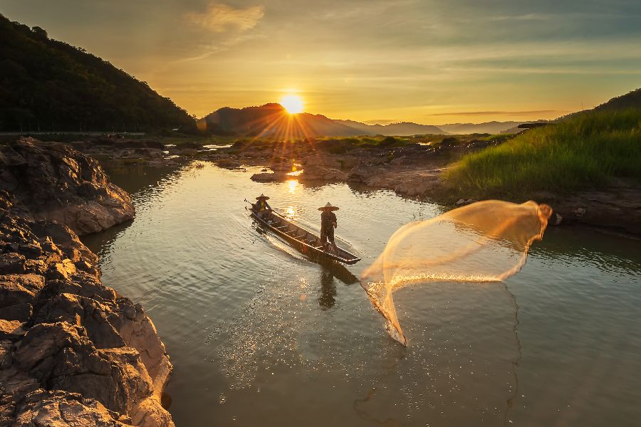 laos mekong visser zonsopkomst