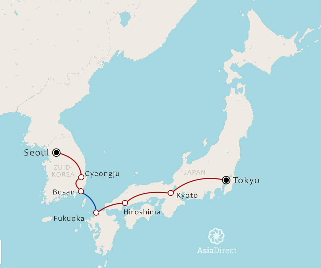 Routekaart 17-daagse rondreis Zuid Korea en Japan