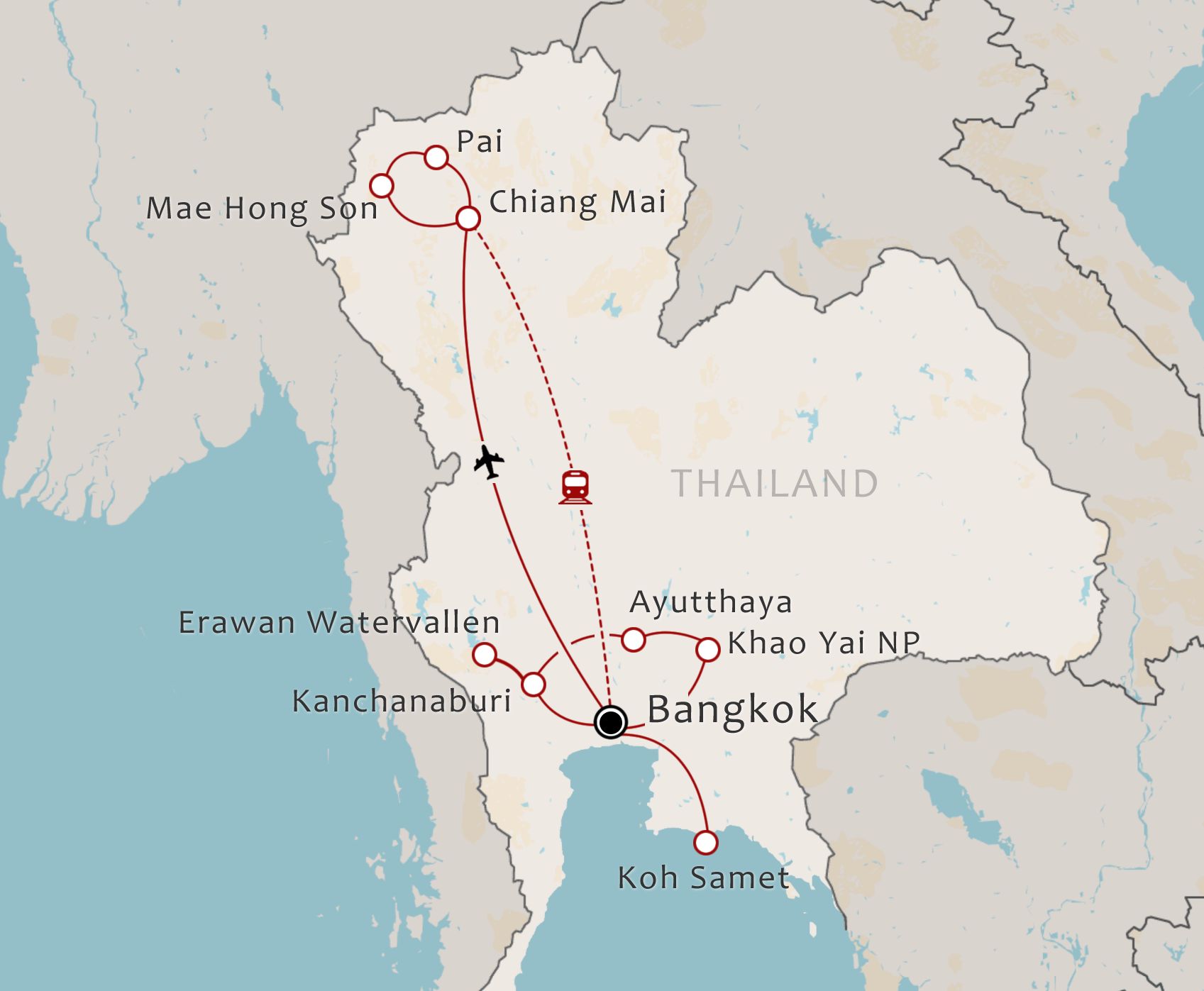 Routekaart 20-daagse rondreis Thailand Compleet met Koh Samet