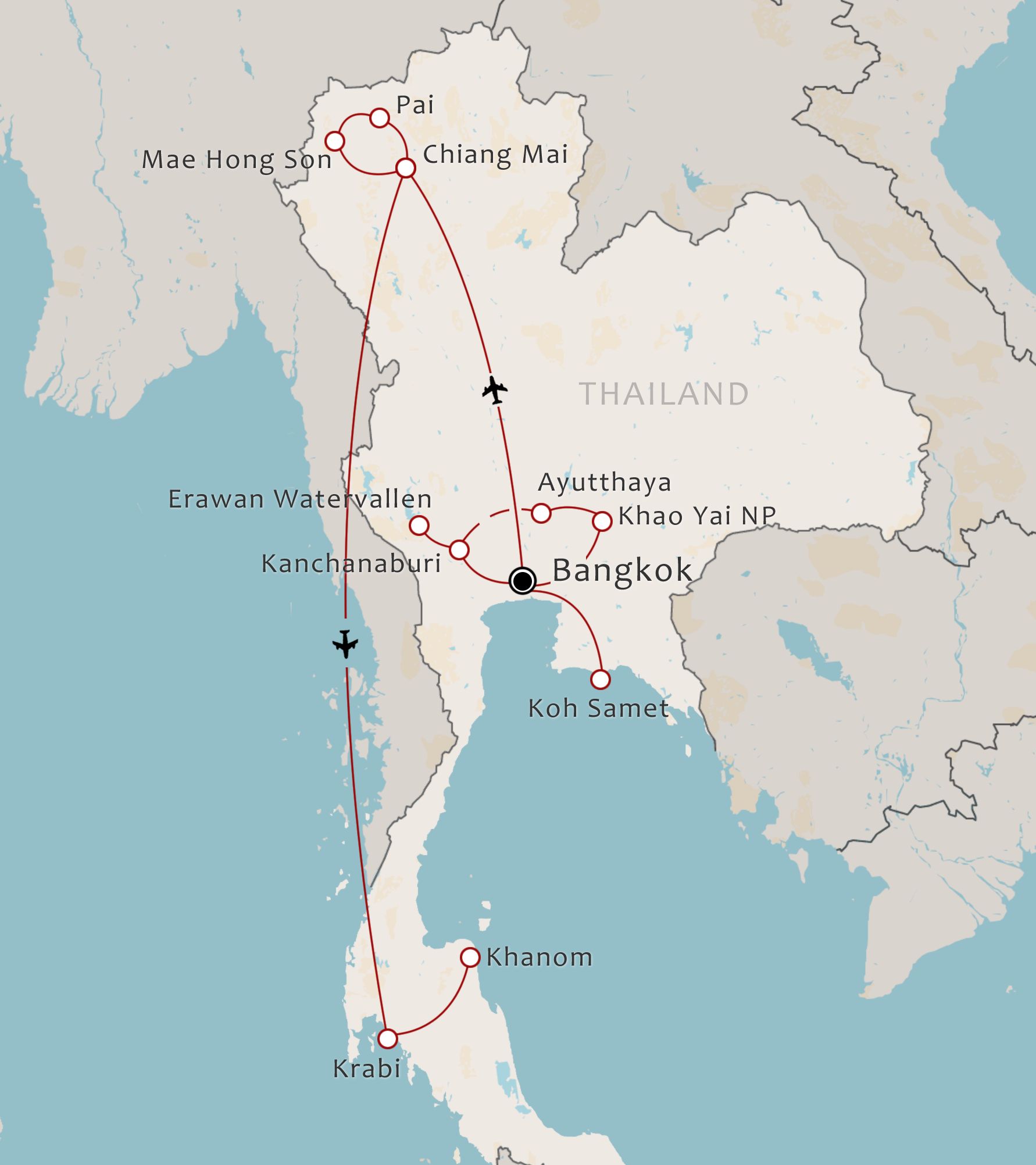 Routekaart 20-daagse rondreis Thailand Compleet met Krabi