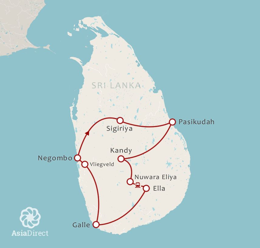 Routekaart 11-daagse Hotdeal Sri Lanka Highlights en Beach Oost