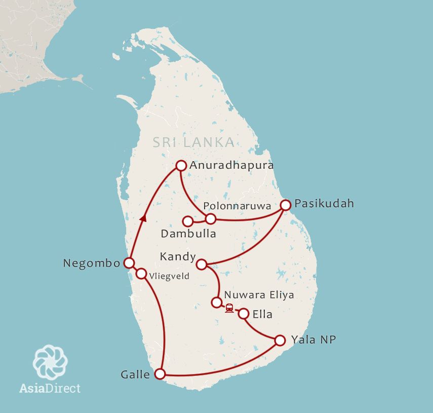 Routekaart 18-daagse Hotdeal Sri Lanka Highlights en Beach Oost
