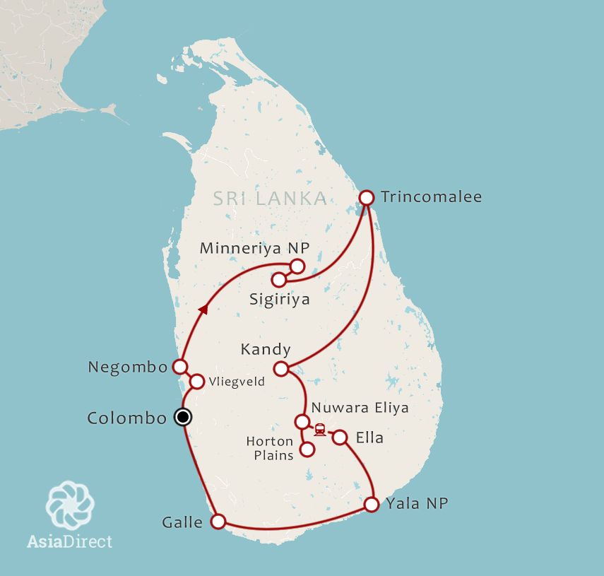 Routekaart 18-daagse rondreis Het Beste van Sri Lanka Oost