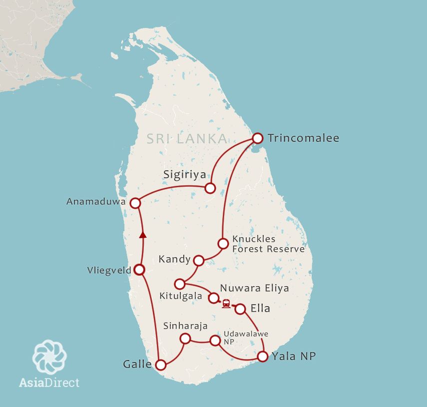 Routekaart 19-daagse rondreis Duurzaam Sri Lanka