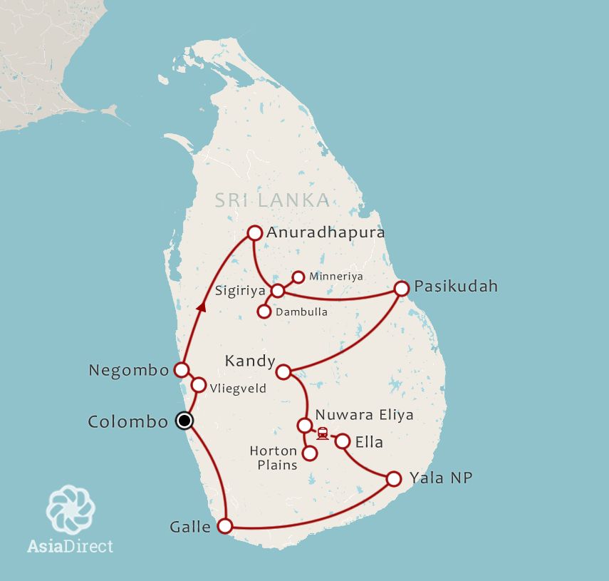 Routekaart 21-daagse rondreis Hart van Sri Lanka Oost