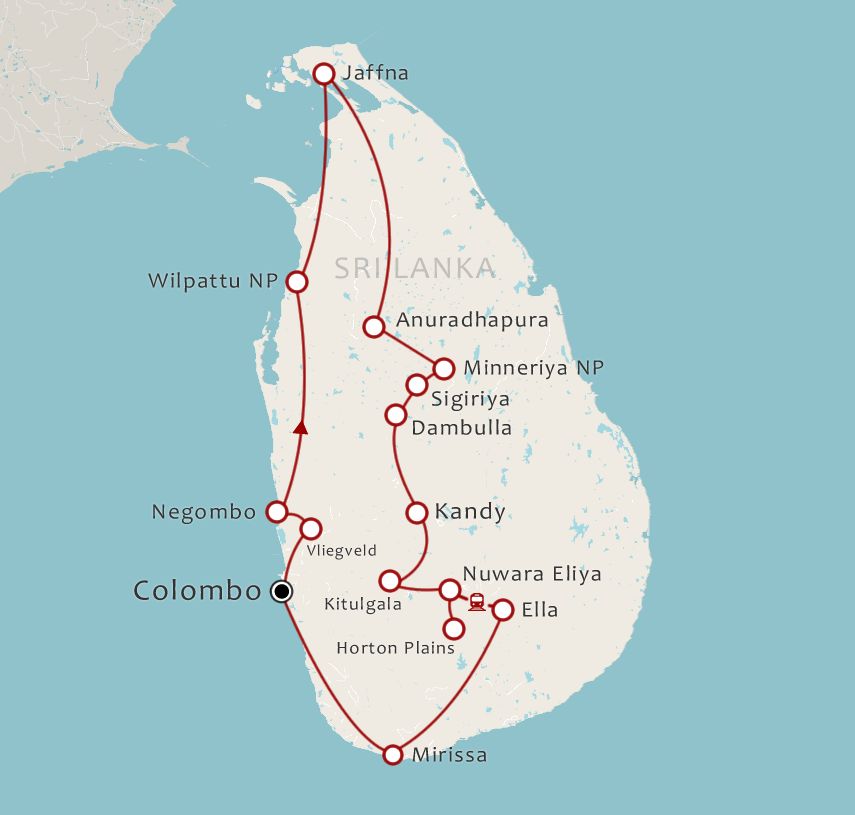 Routekaart 21-daagse rondreis Sri Lanka Kleurrijk Erfgoed Zuid