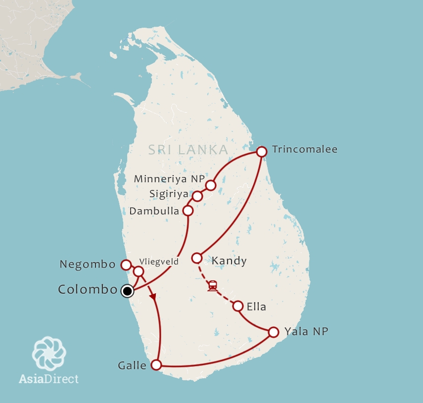 Routekaart 2 weken rondreis Sri Lanka