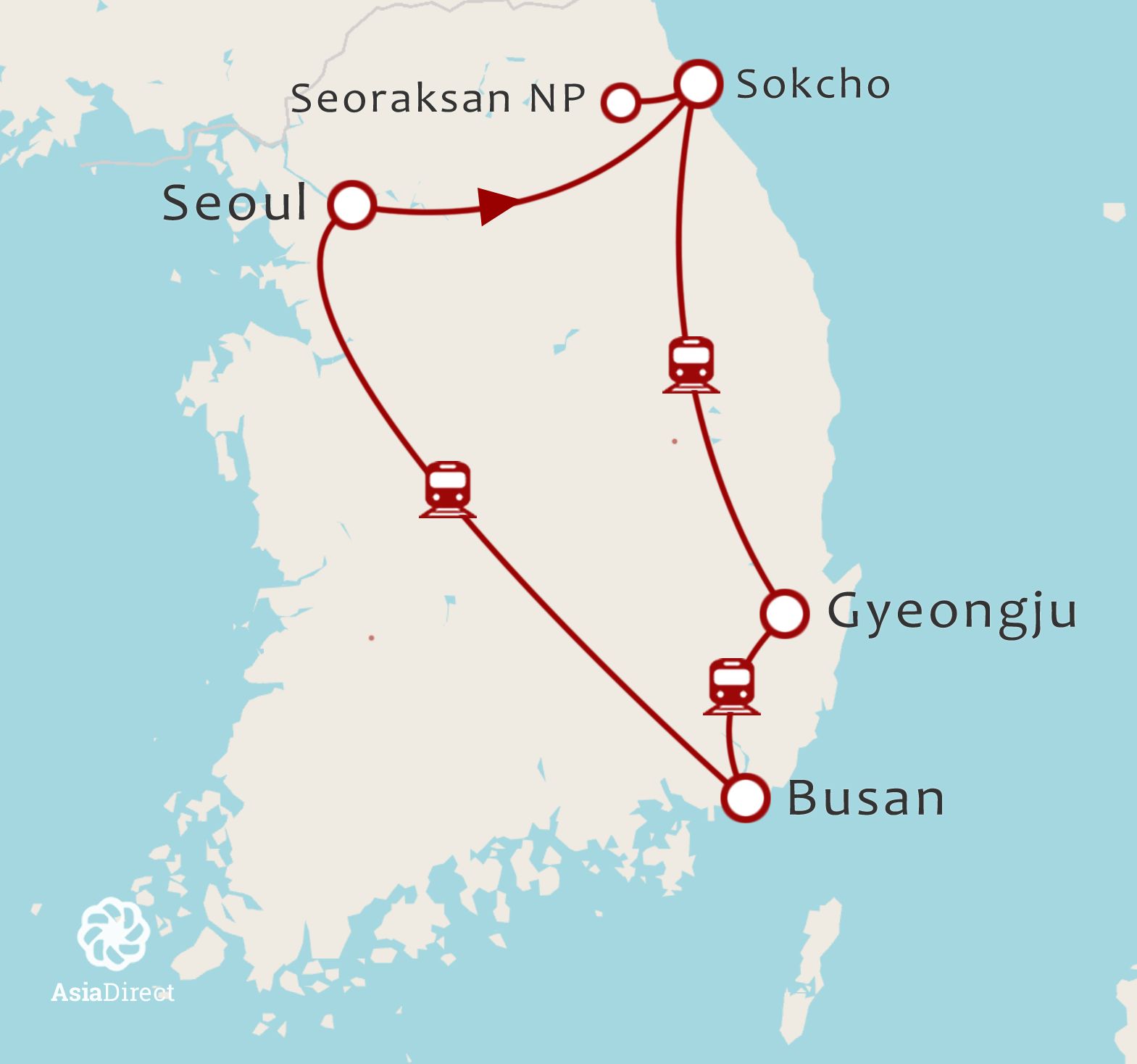 Routekaart 15-daagse rondreis Zuid Korea met Sokcho, Seoraksan en Naksan