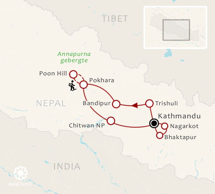 Routekaart 19 daagse rondreis Het beste van Nepal Poon Hill